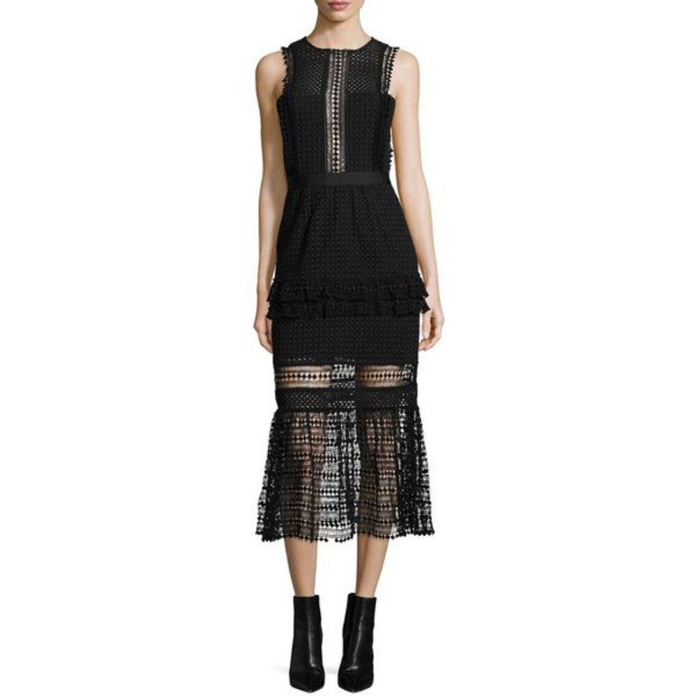 Self‑Portrait Black Crochet Lace Tiered Midi Dress | Structured Fit | UK 4 / US
